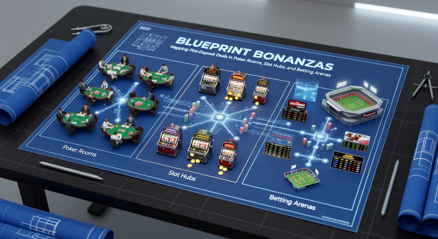 Vibrant digital blueprint overlaying icons of poker chips, slot reels, and sports betting odds boards, illustrating first-deposit bonus structures across platforms