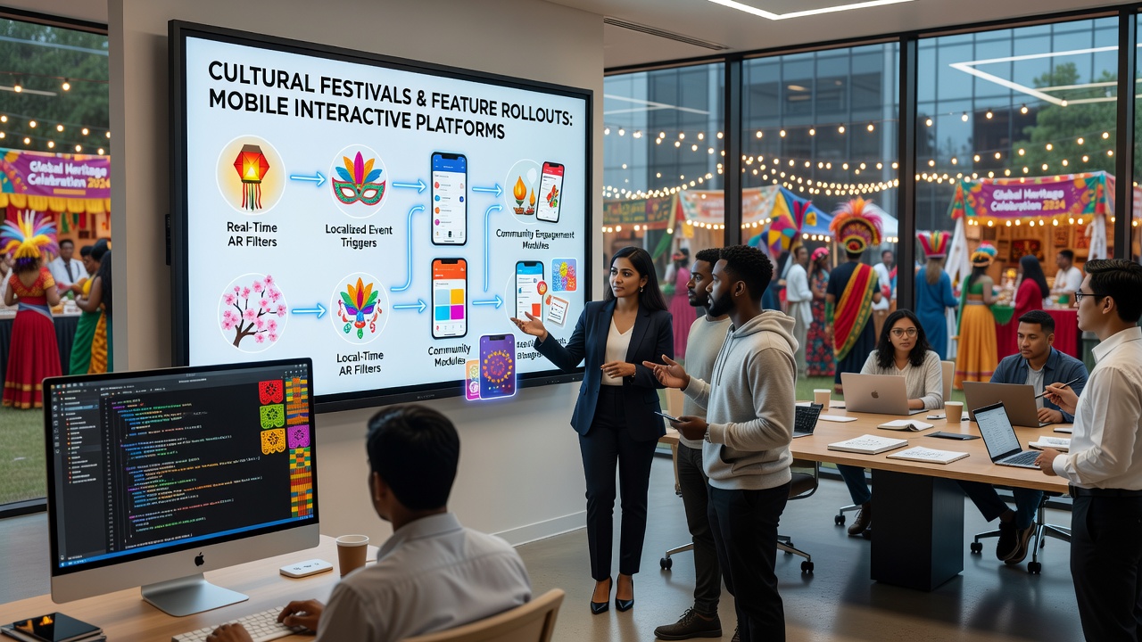 Developers reviewing analytics dashboards showing engagement spikes during cultural festival periods