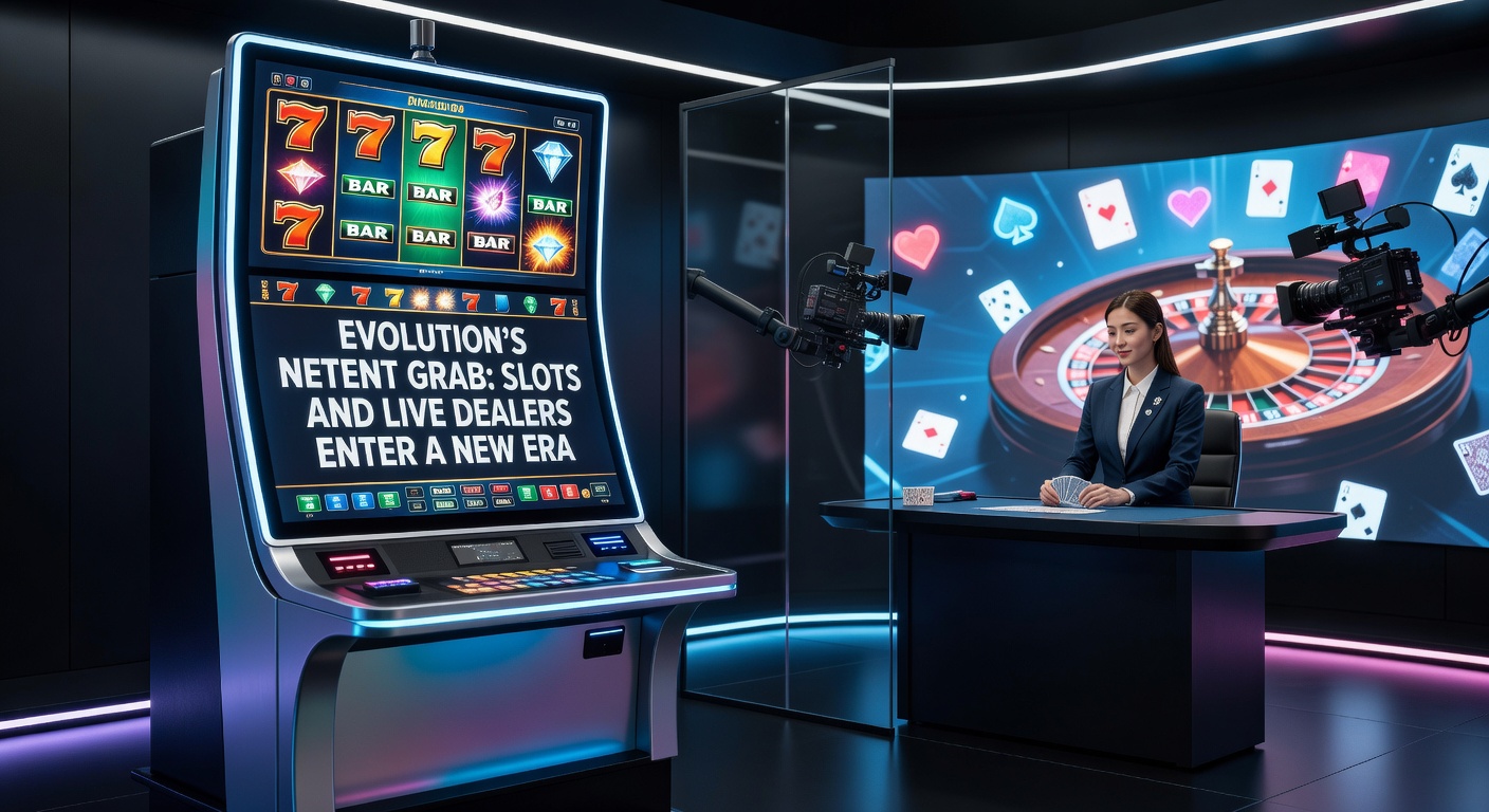 Evolution and NetEnt logos merging with slot reels and live dealer tables in a dynamic fusion graphic