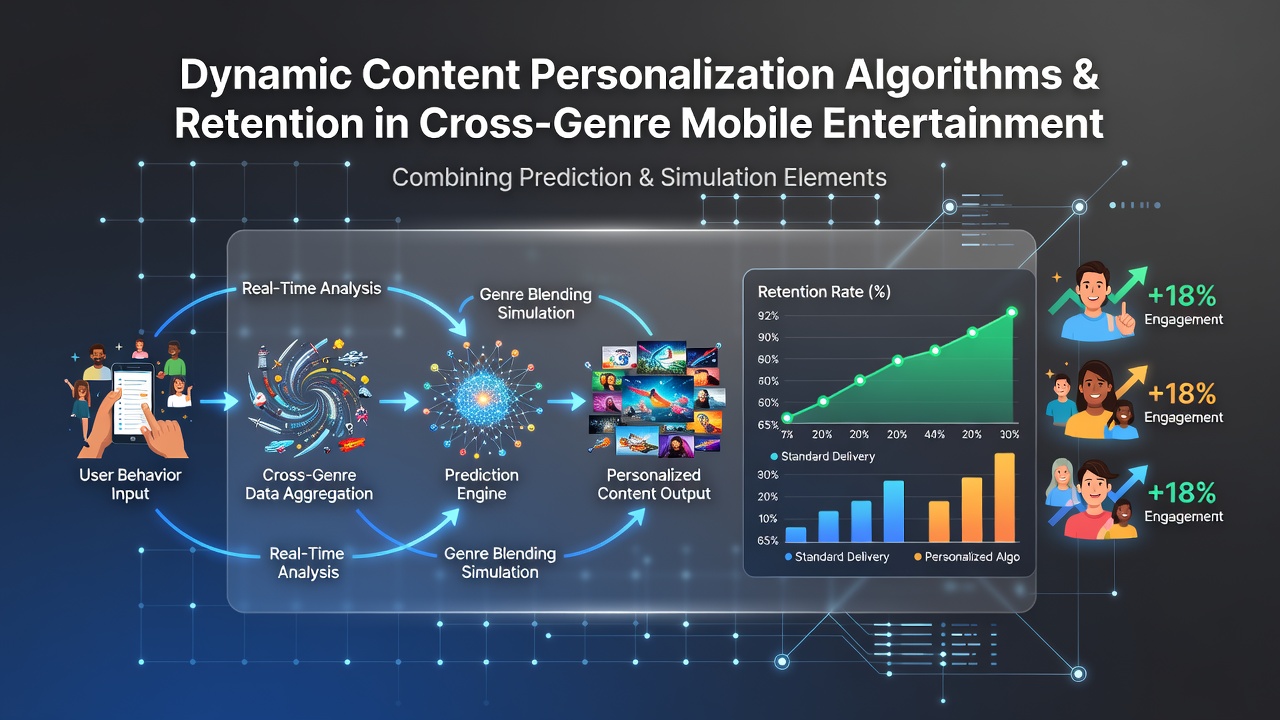 Mobile entertainment platform interface showing personalized simulation and prediction elements across genres