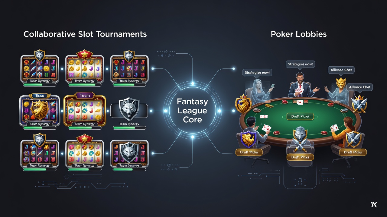 Poker lobby interface displaying fantasy league-inspired team badges and collaborative chat overlays on tablet and desktop views