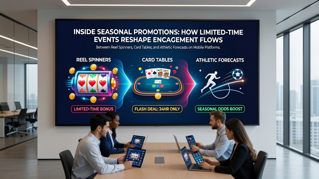 Mobile gaming interface showing seasonal promotion banners across slots, table games, and sports betting sections