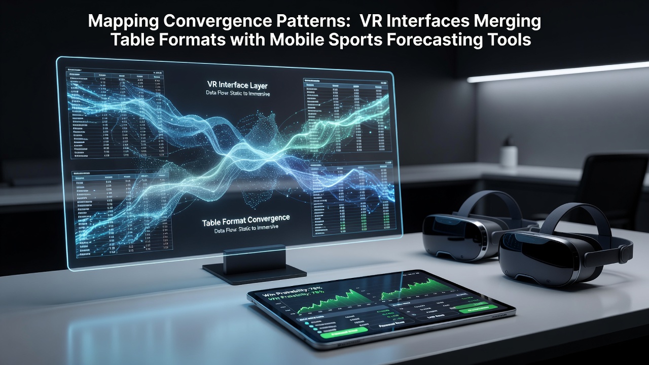 VR headset users interacting with virtual table interfaces alongside mobile sports forecasting applications