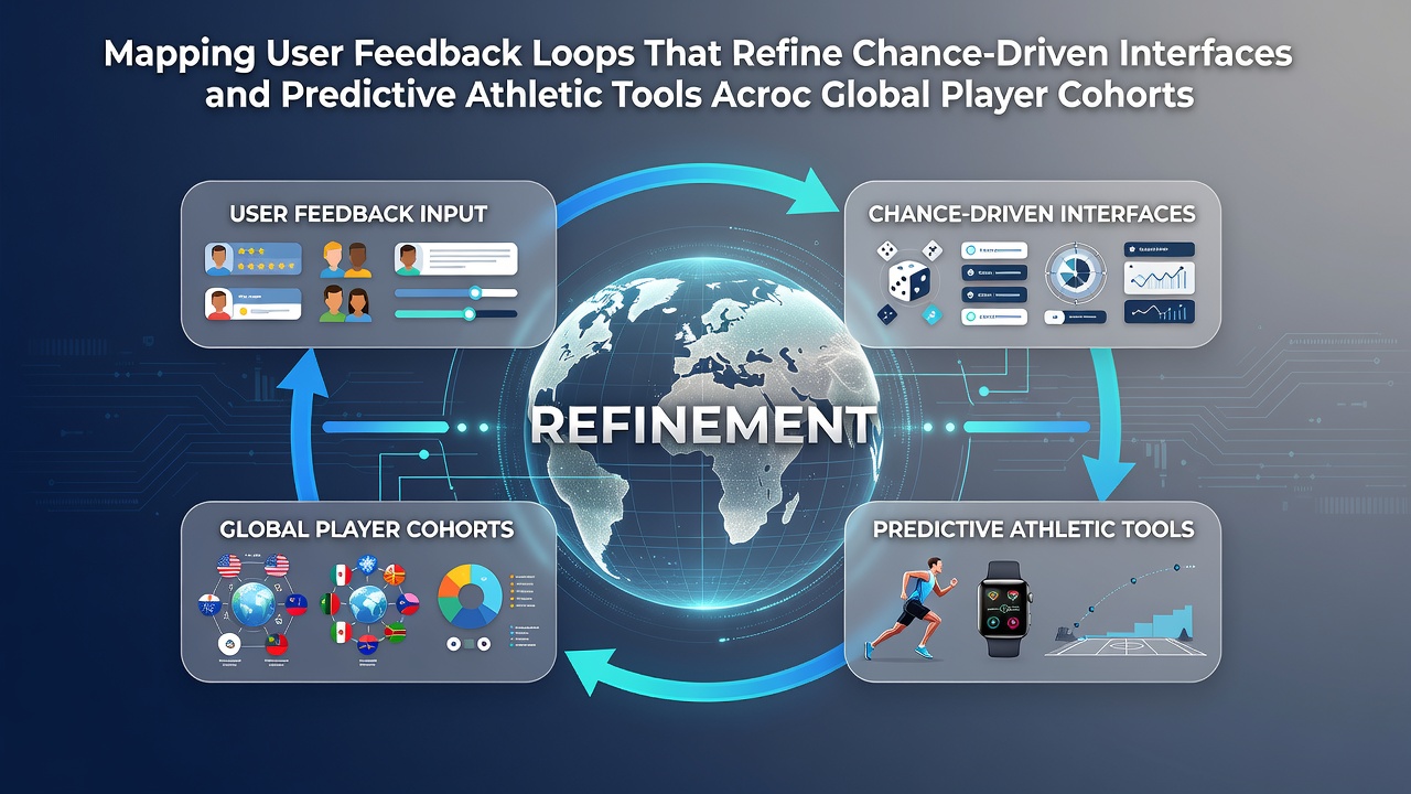 Diagram showing interconnected user feedback loops across global gaming platforms with data flow arrows between chance-based game interfaces and athletic prediction tools