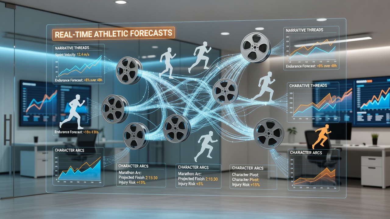 Split-screen view of a character arc progression alongside an updating athletic forecast dashboard on a handheld screen