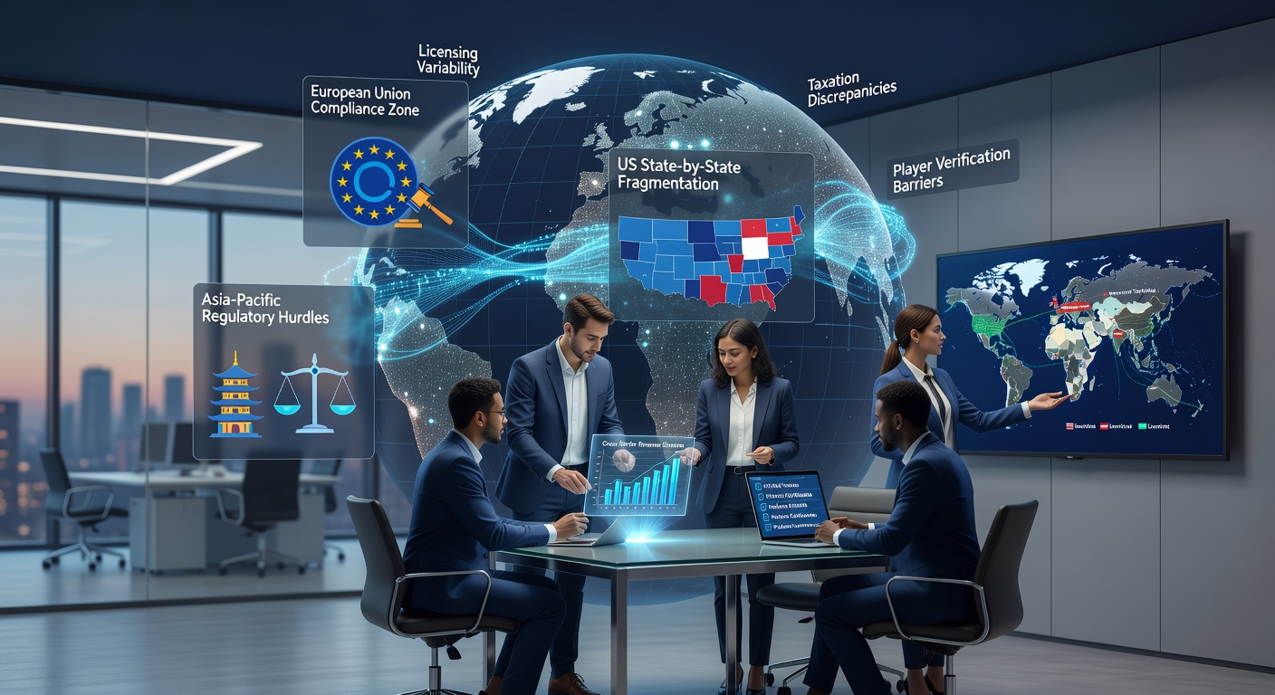 Business professionals reviewing licensing documents on digital tablets in a modern office setting with global regulatory maps displayed