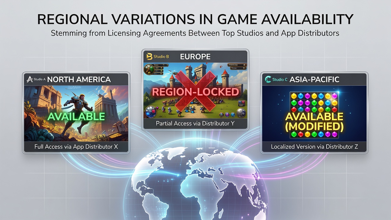 Map showing global game availability differences due to studio licensing deals with app stores