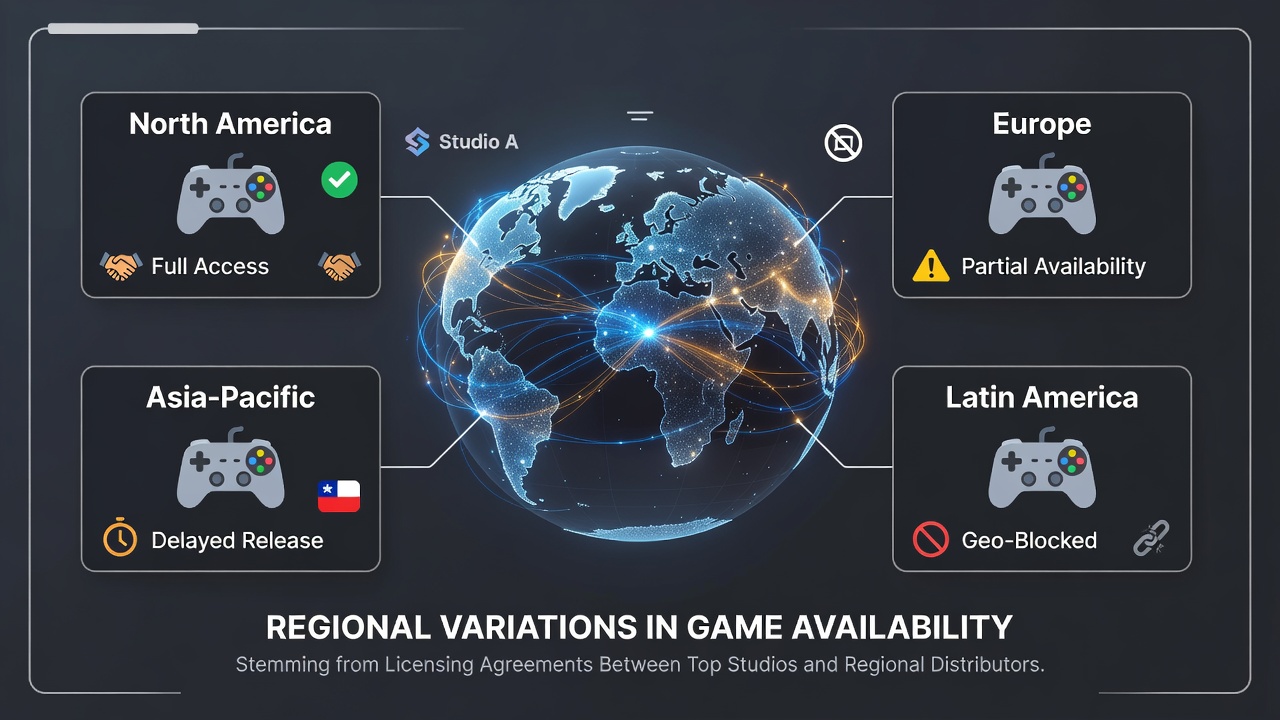 Infographic illustrating how licensing timelines affect game releases across continents