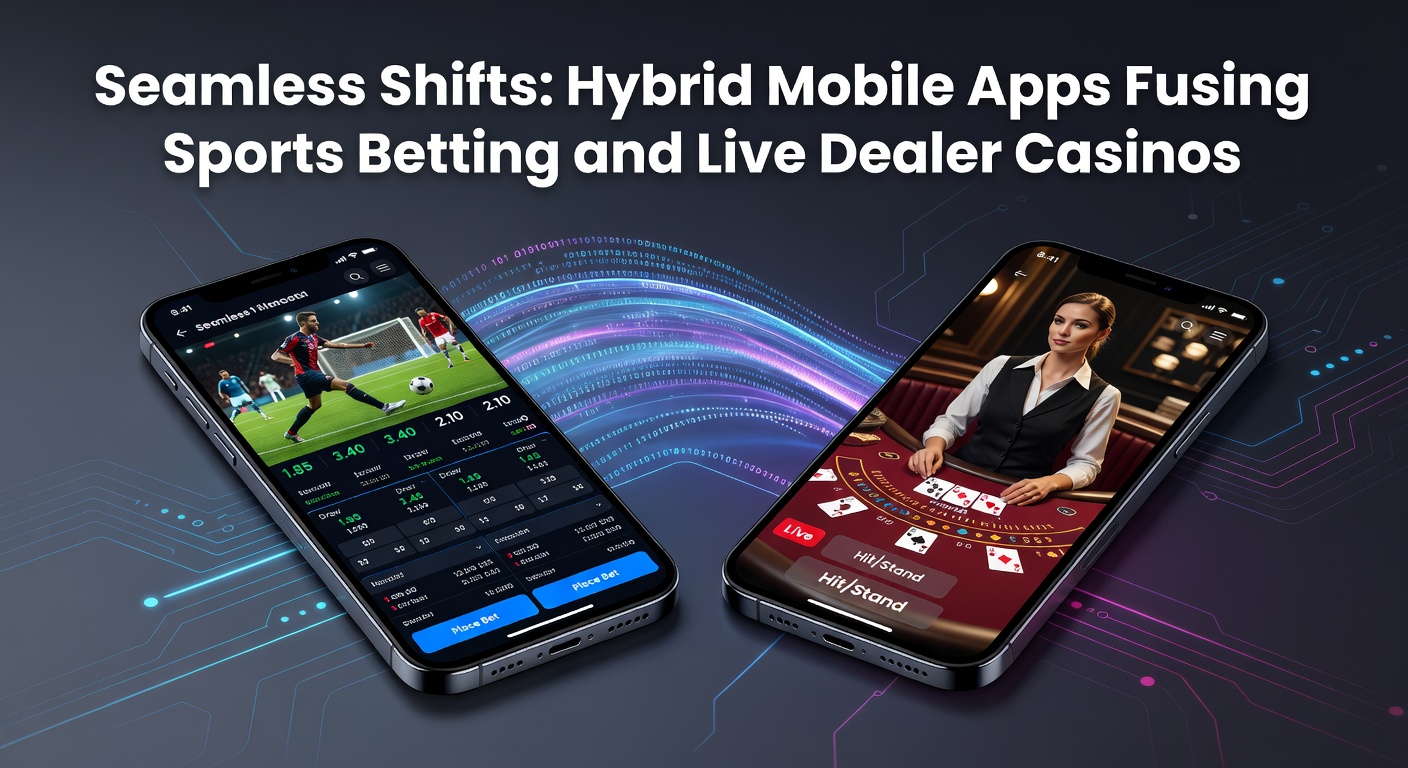 Mobile phone screen displaying a hybrid app interface with sports betting odds on one side and a live dealer blackjack table on the other, showcasing seamless navigation between features